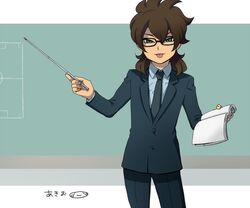  1boy adult bespectacled chalkboard character_name formal fudou_akio glasses inazuma_eleven_(series) inazuma_eleven_go male mizuhara_aki necktie solo suit tongue 