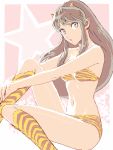  1girl bikini blue_eyes boots green_hair hjk horns long_hair looking_at_viewer lum navel pointy_ears solo swimsuit tiger_print urusei_yatsura 