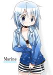  1girl :&lt; blue_eyes blue_hair casual collarbone hair_ornament hairclip hoodie mahou_shoujo_madoka_magica miki_sayaka short_hair shorts solo striped u_u_(mooooooou) 