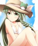  1girl bikini blush breasts cleavage frog_hair_ornament green_eyes green_hair hair_ornament hat kochiya_sanae kuroganeruto long_hair looking_at_viewer snake_hair_ornament solo swimsuit touhou white_bikini white_swimsuit 