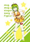 1girl ahoge artist_name bare_shoulders caffein detached_collar goggles goggles_on_head green_eyes green_hair grin gumi hand_on_hip highres looking_at_viewer navel short_hair skirt smile solo star vocaloid 