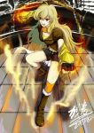  1girl absurdres ahoge aura blonde_hair dated fingerless_gloves gauntlets gloves highres long_hair open_mouth red_eyes rwby signature solo weapon yang_xiao_long zanjuan 