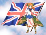  1girl flag gun highres long_hair moodycat orange_hair skirt solo union_jack weapon 