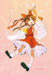  1girl blush bow brown_eyes brown_hair child detached_sleeves gohei hair_bow hair_tubes hakurei_reimu japanese_clothes long_hair miko necktie nontraditional_miko open_mouth petals sarashi simple_background skirt smile solo sudosakana touhou underwear 