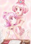  2girls :d aida_mana arms_around_neck blush calculator dokidoki!_precure half_updo hiranotch hug hug_from_behind multiple_girls open_mouth paper personification pink_background pink_eyes pink_hair precure seal sharuru_(dokidoki!_precure) short_hair sitting smile standing_on_one_leg table 