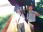  2boys blue_hair brown_hair closed_eyes endou_mamoru hair_over_one_eye headband inazuma_eleven inazuma_eleven_(series) kazemaru_ichirouta long_hair male multiple_boys red_eyes school_uniform short_hair sweat 