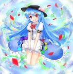 1girl blue_hair bow food fruit gradient gradient_background hat highres hinanawi_tenshi layered_skirt leaf leaping legs_up long_hair looking_at_viewer open_mouth peach petals puffy_short_sleeves puffy_sleeves red_eyes short_sleeves skirt skirt_hold solo touhou wind wind_lift ymd_(holudoun)