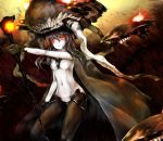  1girl bodysuit breasts cape gloves glowing glowing_eyes highres kantai_collection long_hair monster pale_skin personification red_eyes shimo_(depthbomb) shinkaisei-kan silver_hair solo wand wo-class_(kantai_collection) 