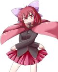  1girl bow cape hair_bow long_sleeves mono_(mono60) red_eyes redhead sekibanki short_hair simple_background skirt skirt_lift solo touhou white_background 