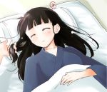  1girl :o black_hair blush closed_eyes futon hand_in_hair japanese_clothes long_hair lying mozu_(peth) on_back pillow sakamoto_mio sleeping solo_focus strike_witches zzz 