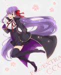  1girl absurdly_long_hair bb_(fate/extra_ccc) black_legwear breasts cherry_blossoms copyright_name fate/extra_ccc fate_(series) hair_ribbon lace lace-trimmed_thighhighs large_breasts long_hair petals purple_hair ribbon sobaya solo thighhighs very_long_hair violet_eyes 