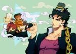  1boy black_hair chain chibi cigarette green_eyes iggy_(jojo) jean_pierre_polnareff jojo_no_kimyou_na_bouken joseph_joestar kakyouin_noriaki kuujou_joutarou mapi mohammed_avdol smoke stand_(jojo) star_platinum 