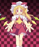  1girl :d blonde_hair checkered checkered_background fangs flandre_scarlet hat long_hair open_mouth outstretched_arms red_background red_eyes satou_kibi side_ponytail skirt skirt_set smile solo touhou wings 