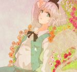  1girl chiri_(o9o9) dress_shirt flower_bed green_eyes hairband konpaku_youmu konpaku_youmu_(ghost) looking_at_viewer lying on_back open_mouth ribbon shirt short_hair silver_hair skirt solo touhou vest 