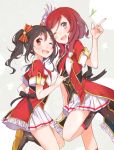  2girls \m/ black_hair blush boots bow fly_333 hair_bow long_hair looking_at_viewer love_live!_school_idol_project multiple_girls nishikino_maki open_mouth pointing red_eyes redhead short_hair skirt smile twintails violet_eyes wink yazawa_nico 