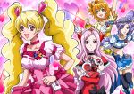 4girls aono_miki black_legwear blonde_hair boots bow brown_eyes brown_hair choker corset cure_berry cure_passion cure_peach cure_pine earrings fresh_precure! frills hair_bow hanzou higashi_setsuna jewelry knee_boots long_hair magical_girl midriff momozono_love multiple_girls pink_background pink_eyes pink_hair precure purple_hair ribbon short_hair side_ponytail skirt smile sparkle thigh-highs twintails violet_eyes wand yamabuki_inori 