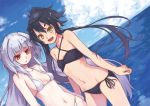  2girls bare_shoulders bikini black_bikini black_hair long_hair multiple_girls navel nike_(smaaaash) original ponytail red_eyes shenwu_(nike) side-tie_bikini silver_hair small_breasts smile swimsuit tsukiyomi_(nike) white_bikini white_swimsuit yellow_eyes 