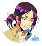  1girl bikkusama black_hair character_name face freckles purple_hair shingeki_no_kyojin short_ponytail smile solo ymir_(shingeki_no_kyojin) 
