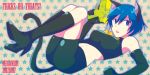  1girl animal_ears armpits bare_shoulders bike_shorts blue_eyes blue_hair boots breasts cat_ears cat_tail elbow_gloves gloves high_heels kemonomimi_mode knee_boots large_breasts on_back open_mouth persona persona_4 persona_4_the_golden ribbon shinocco shirogane_naoto short_hair solo tail water_gun 
