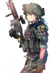  1girl ar-15 black_hair brown_eyes daito gloves gun long_hair solo tokurei_sochi_dantai_stella_jogakuin_c3_bu uniform weapon 