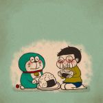  1boy blue_hair collar doraemon doraemon_(character) eating food glasses nobi_nobita onigiri tears yuuumm55 