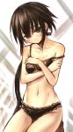  1girl absurdres bikini black_eyes blush brown_hair hair_ribbon highres kotoba_noriaki long_hair navel original payot ponytail ribbon solo strap_slip swimsuit very_long_hair 