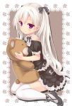  1girl bare_shoulders blush bow dress hair_bow long_hair looking_at_viewer original ryo short_sleeves silver_hair sitting smile solo stuffed_animal stuffed_toy teddy_bear thigh-highs twintails two_side_up violet_eyes wariza white_legwear 