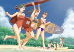  5girls bikini black_hair brown_hair competition_swimsuit long_hair mu-pyon multiple_girls one-piece_swimsuit original sand_sculpture ship short_hair surfboard swimsuit 