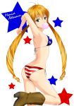  1girl american_flag_bikini bikini blonde_hair boots bubblegum character_name flag_print highres long_hair monica_adenauer nikoru_(nikolaschka-tnb) solo swimsuit twintails yakitate!!_japan 