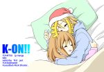  2girls bed blonde_hair brown_hair closed_eyes comic cover cover_page cuddling dresstrip hat hirasawa_yui hug k-on! lying multiple_girls open_mouth pillow reindeer_antlers santa_hat short_hair sleeping smile tainaka_ritsu yuri 