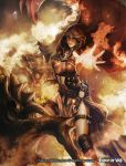  1girl breasts cape cleavage fire force_of_will fuji_q hood magic_circle monster short_hair thigh_strap thighs 