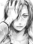  1girl character_name covering_one_eye face freckles monochrome parted_lips shingeki_no_kyojin short_hair solo wet_hair ymir_(shingeki_no_kyojin) yoiyami81 