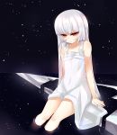  1girl bare_shoulders dress enki_(dragonfire) flat_chest looking_down partially_submerged red_eyes science_fiction solo space white_dress white_hair 
