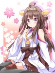  1girl ahoge black_legwear brown_hair detached_sleeves flower gradient gradient_background hair_ornament hairband headgear highres japanese_clothes kantai_collection kongou_(kantai_collection) long_hair looking_at_viewer personification shinekalta smile solo thighhighs violet_eyes 