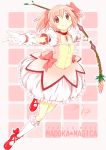  1girl bow bow_(weapon) choker dress gloves hair_bow highres kaname_madoka magical_girl mahou_shoujo_madoka_magica midrune outstretched_arm outstretched_hand pink_eyes pink_hair short_twintails smile soul_gem twintails weapon 