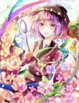 1girl azumamutuki bowl crescent flower highres japanese_clothes kimono lavender_hair leaf leaf_background looking_at_viewer mallet needle open_mouth red_eyes short_hair solo sukuna_shinmyoumaru touhou 