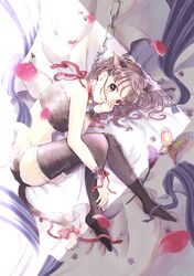  1girl absurdres animal_ears bangs bed_sheet bell bell_collar black_bra black_legwear black_panties bra brown_hair cat_ears cat_girl cat_tail cinderella_bust collar frilled_legwear from_above full_body hair_between_eyes highres kemonomimi_mode kimetsu_no_yaiba long_hair lying mikotoaya3 on_back on_side panties red_ribbon ribbon solo tail thigh-highs tsuyuri_kanao twitter_username underwear underwear_only violet_eyes 