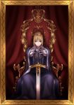  1girl ahoge armor armored_dress blonde_hair cape crown dress excalibur fate/stay_night fate_(series) framed gauntlets green_eyes highres nuruhachi_(honki) painting_(object) planted_sword planted_weapon saber solo sword throne weapon 