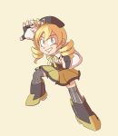  beret blonde_hair clenched_hand drill_hair ears fingerless_gloves gloves grin hat looking_at_viewer mahou_shoujo_madoka_magica outstretched_arm parody pose rockman rockman_(classic) rokumaji short_hair smile style_parody teeth thighhighs tomoe_mami twin_drills yellow_eyes zettai_ryouiki 