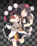  1girl :d armband black_hair checkered checkered_background fountain_pen hat looking_at_viewer notebook open_mouth pen photo_(object) red_eyes satou_kibi shameimaru_aya short_hair skirt smile solo tokin_hat touhou wings wink 