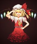  1girl ascot blonde_hair fangs flandre_scarlet hat red_eyes short_hair sky341125290 solo touhou v vampire wings 