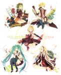  1boy 4girls akiyoshi_(tama-pete) belt blue_eyes boots closed_eyes elbow_gloves fingerless_gloves gloves goggles goggles_on_head green_eyes green_hair guitar gumi hair_ornament hair_ribbon hairclip hand_on_headphones hatsune_miku headphones ia_(vocaloid) instrument jewelry kagamine_len kagamine_rin knee_boots long_hair microphone multiple_girls necklace ribbon scissors short_hair sitting thigh-highs twintails very_long_hair vocaloid wink 