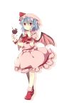  1girl 3535carrot apple bat_wings blue_hair dress food fruit hat hat_ribbon pink_dress puffy_sleeves red_eyes remilia_scarlet ribbon short_sleeves simple_background solo touhou white_background wings wrist_cuffs 