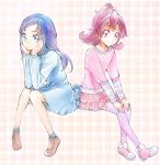  2girls aida_mana blue_eyes blue_hair braid chin_rest dokidoki!_precure half_updo hishikawa_rikka kurochiroko long_hair multiple_girls pink_eyes pink_hair precure short_hair sitting smile thigh-highs 