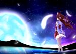  1girl arms_behind_back bare_legs blue_moon bow brown_hair detached_sleeves facing_away feathers from_behind full_moon hair_bow hair_tubes hakurei_reimu hands_in_sleeves highres lake light_smile long_hair moon mountain night night_sky reflection shooting_star skirt skirt_set sky solo sparkle star_(sky) starry_sky tianya_beiming touhou 