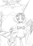  1girl 2013 akaooni artist_name bare_shoulders bikini blush club dated fangs greyscale hand_on_hip head_out_of_frame highres isedaichi_ken kise_yayoi looking_at_viewer monochrome navel ogre precure short_hair simple_background size_difference sketch smile smile_precure! standing sunglasses sunglasses_on_head swimsuit tagme weapon white_background 
