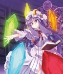  1girl book crescent crystal dress hat long_hair magic_circle open_book outstretched_arm patchouli_knowledge purple_hair ribbon satou_kibi solo touhou very_long_hair violet_eyes 