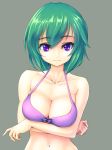  1girl bikini breasts cleavage crossed_arms green_hair haruo_(hs-att) highres navel original short_hair simple_background smile solo swimsuit violet_eyes 