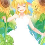  1girl ^_^ blonde_hair closed_eyes dress earrings fairy_tail flower hair_ornament hairclip happy jewelry long_hair lucy_heartfilia rainbow side_ponytail smile solo strib_und_werde sunflower 