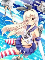  1girl anchor black_panties blonde_hair elbow_gloves gloves hair_ornament hairband kantai_collection long_hair looking_at_viewer ocean panties personification rensouhou-chan shimakaze_(kantai_collection) shinekalta sky striped striped_legwear thighhighs underwear white_gloves 